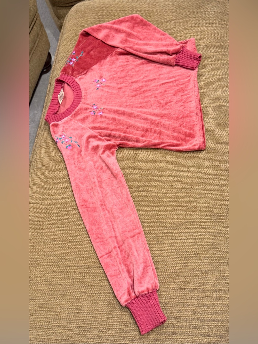 Vintage Pink Velvet Floral Embroidered Sweatshirt Skirt Set